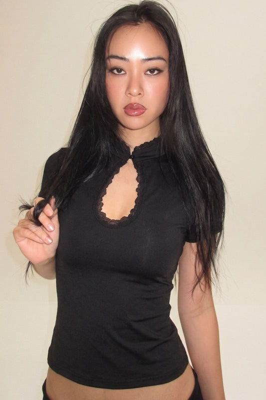 Sexy Cutout Lace Trim Fitted Crop Top