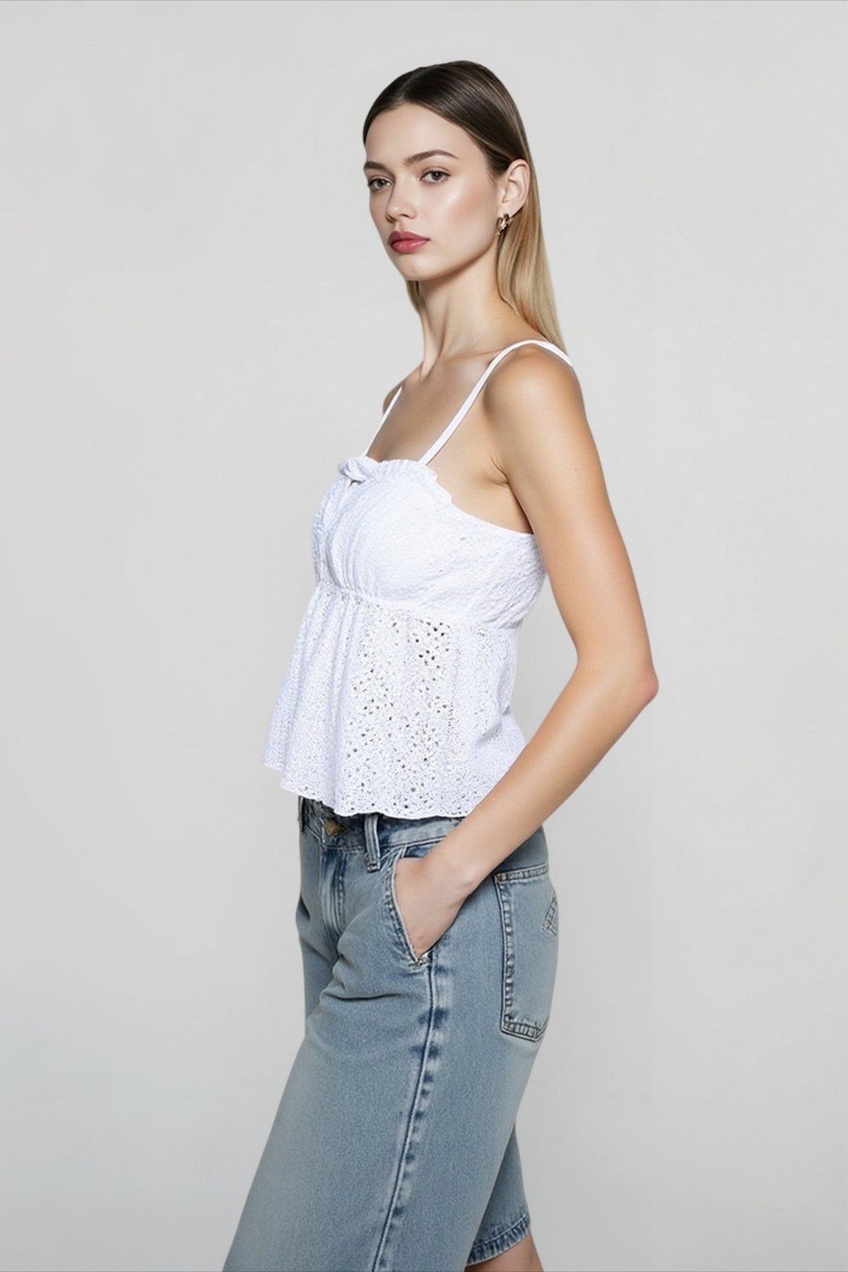 Eyelet Embroidered Ruffle Trim Babydoll Cropped Cami Top 2
