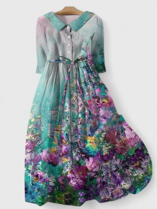 Floral Print Collared Button Front Belted Maxi Shirt Dress
