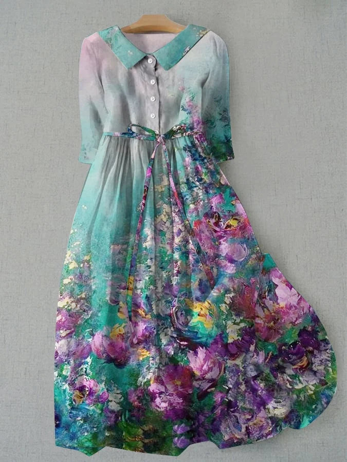 Floral Print Collared Button Front Belted Maxi Dress
