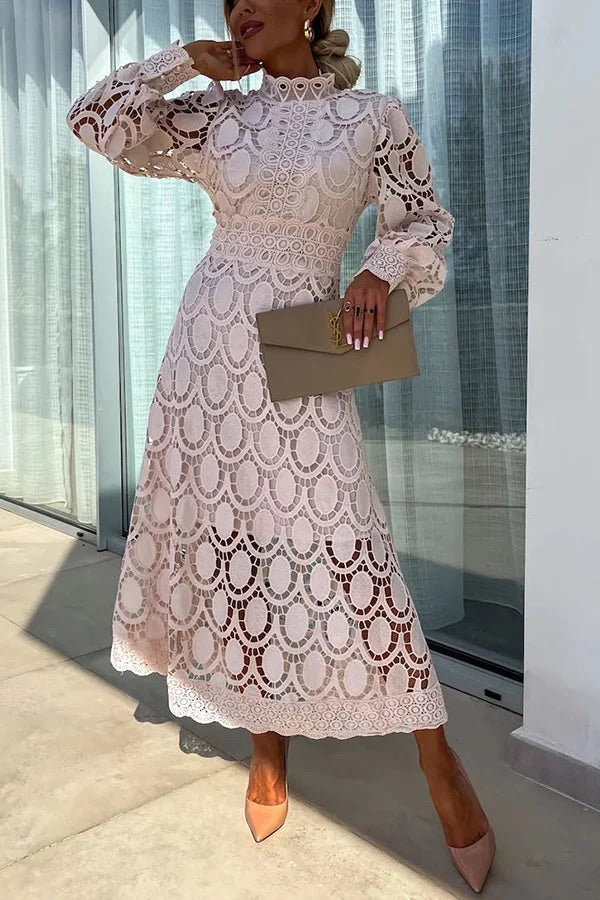 Francisca Premium Romantic, Sensual and Party Midi Dress with Crochet Lace and Lantern Sleeves Chic Silhouette Collection