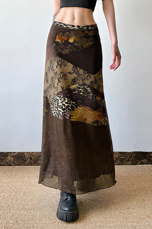 Patchwork Animal Print Sheer Mesh Low Waist Maxi Skirt 2