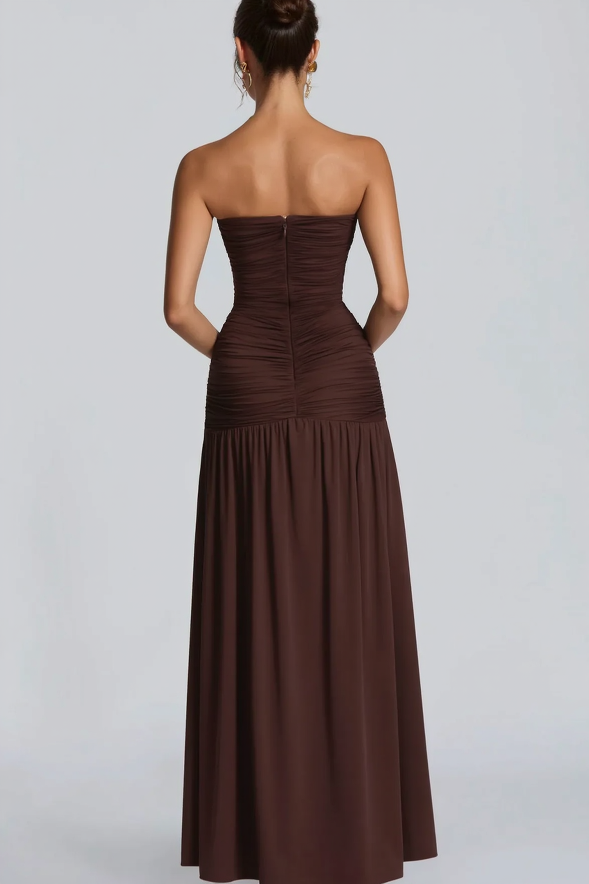 Solid Strapless High Slit Ruched Bodycon Party Dress