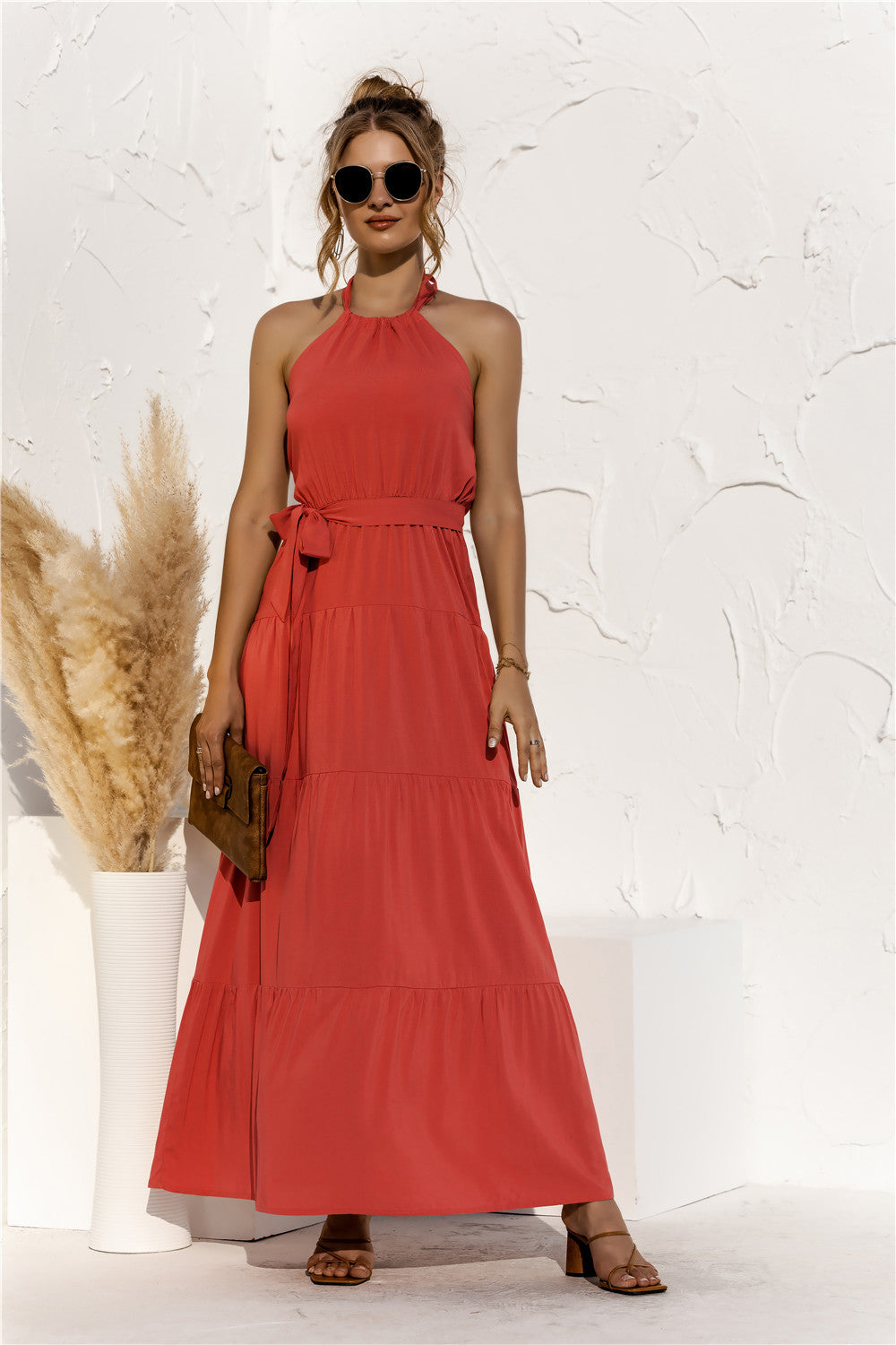 Halter Neck Tie Waist Sleeveless Tiered Maxi Dress