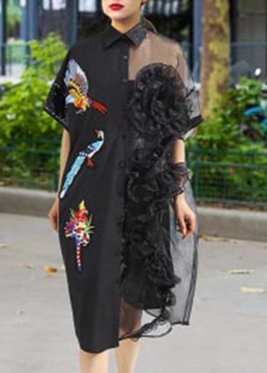 Bird Embroidery Mesh Ruffle Asymmetric Button Front Shirt Midi Dress