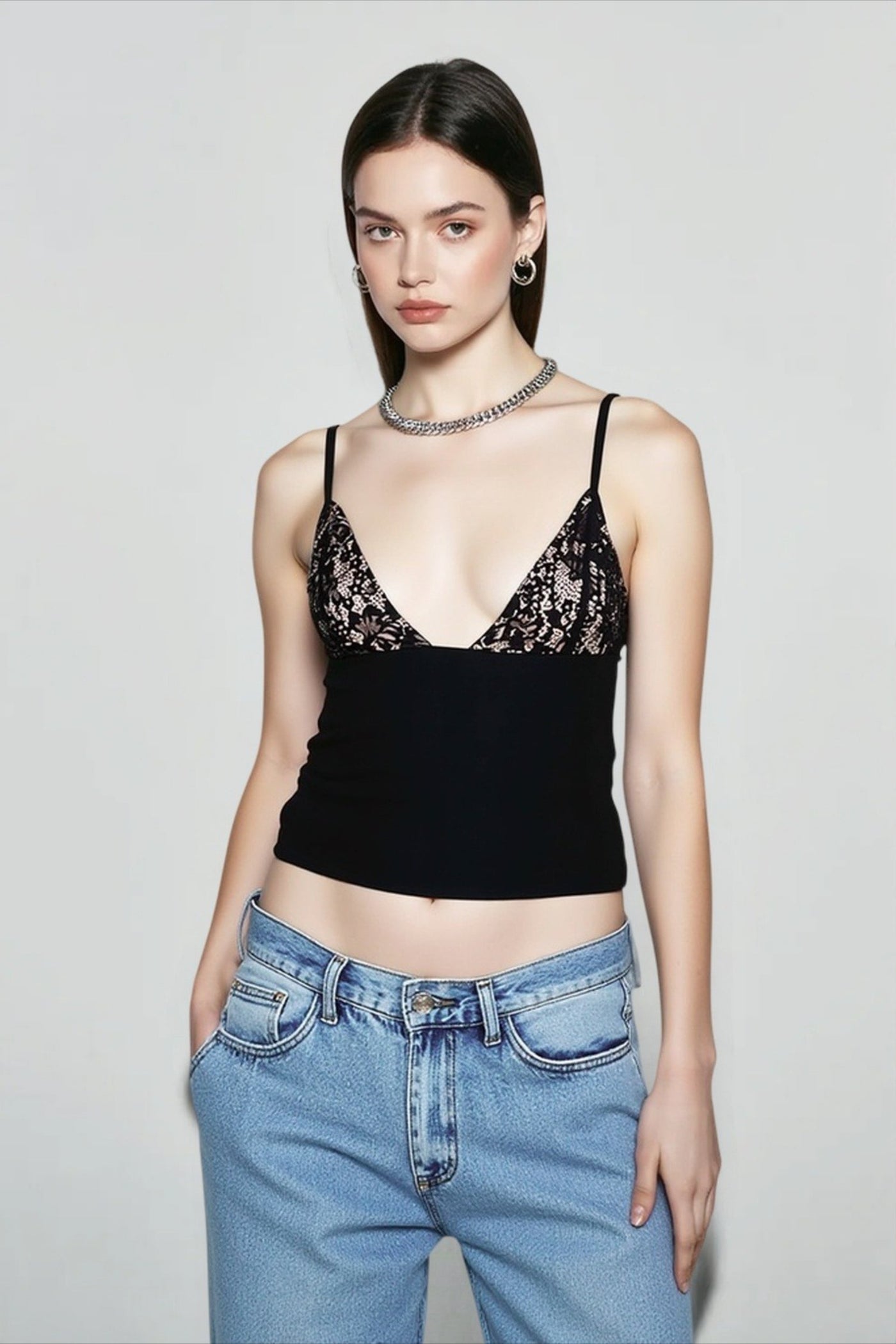 Lace Mesh Deep V Cami Top