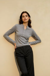 Fitted Henley Button Slim Crew Neck Long Sleeve Blouse