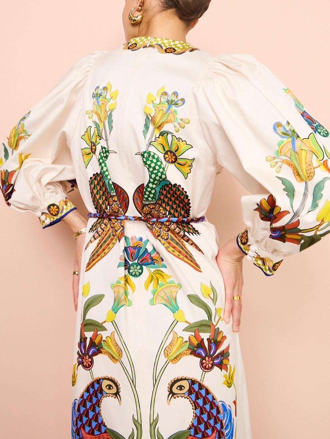Peacock Floral Print Round Neck Puff Sleeve Rope Belt Midi Dress 4