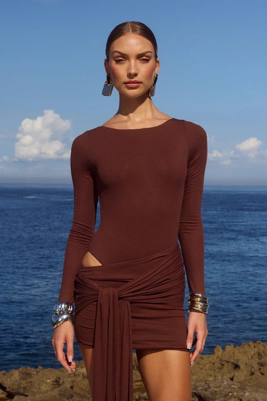 Long Sleeve Side Cut Out Wrap Tie Bodycon Mini Dress 2