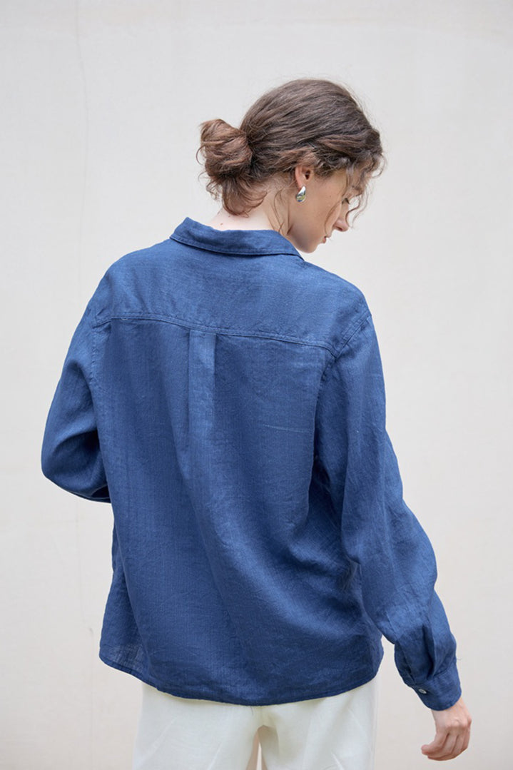 Linen Look Collared Long Sleeve Chest Pocket Button Front Shirt 4