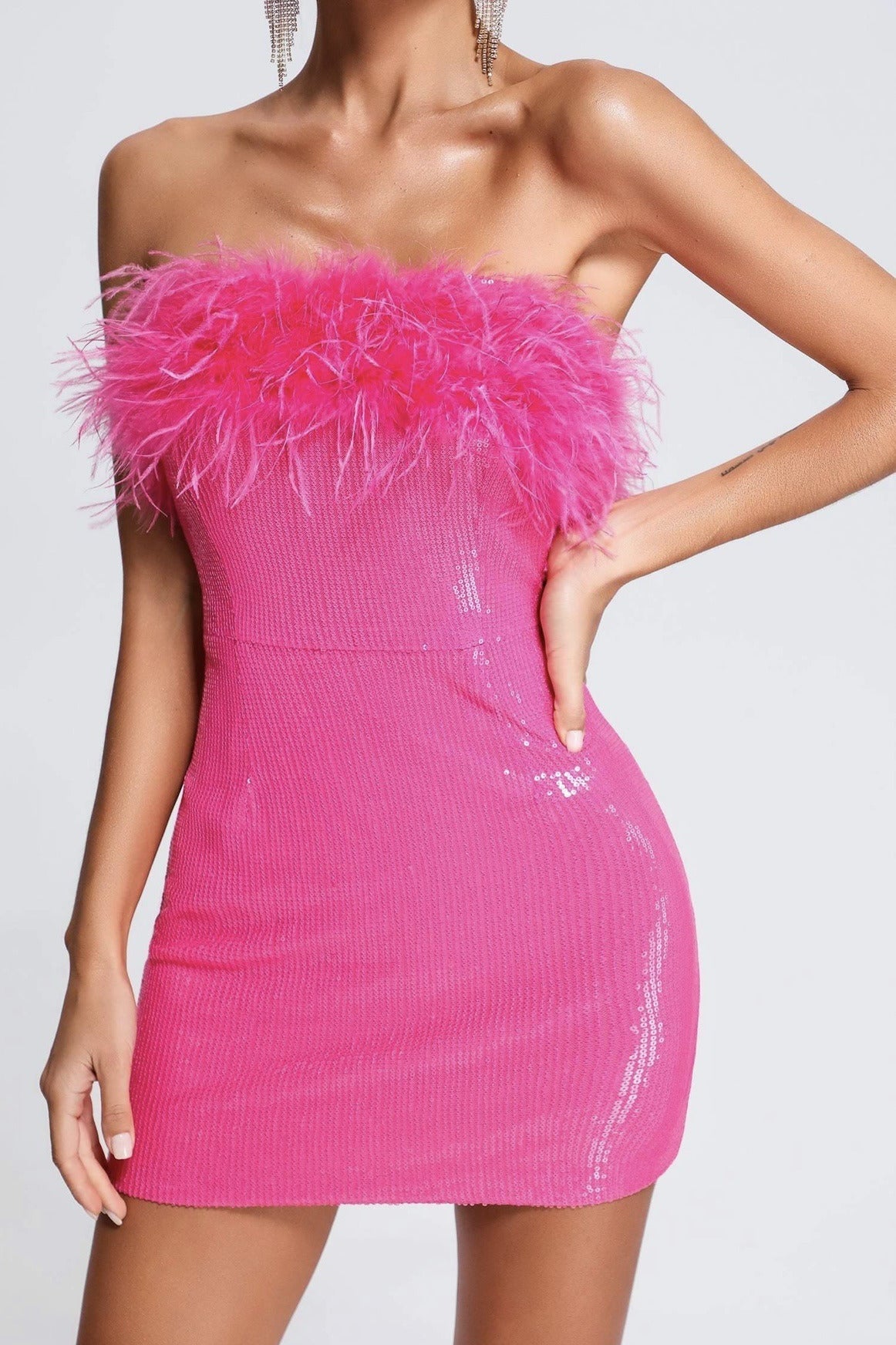 Sequin Faux Fur Off Shoulder Party Dress