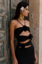 3D Floral Waist Cinch Cutout Halter Maxi Slip Dress