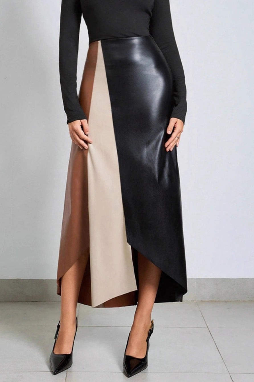 Color Block Faux Leather High Waist Asymmetric Hem Midi Skirt 2