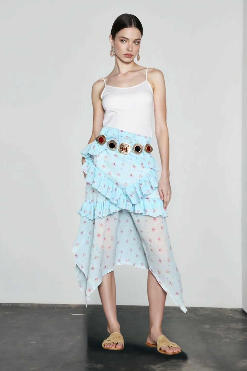 Floral Print Sheer Mesh Fold Over Waist Handkerchief Hem Midi Skirt 5