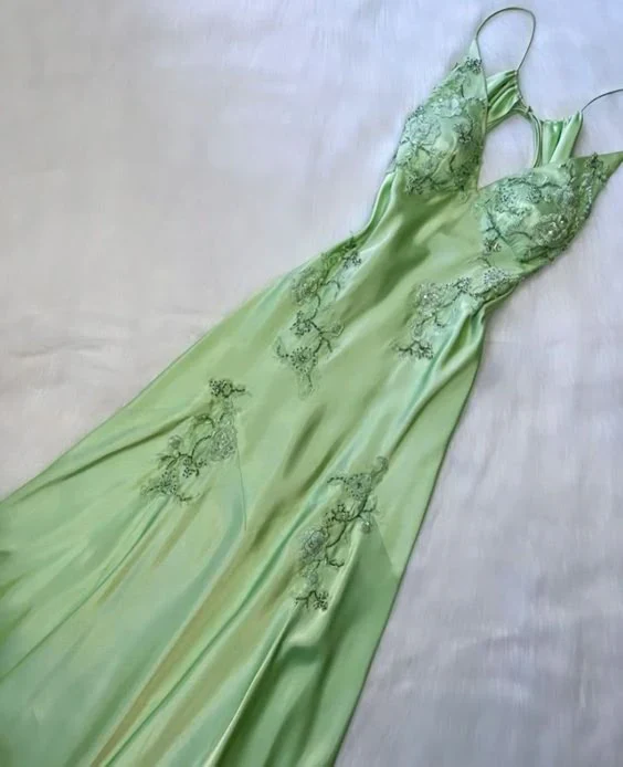 Spaghetti Straps Mint Green Lace Beaded Prom Dress Evening Dress  cc1417