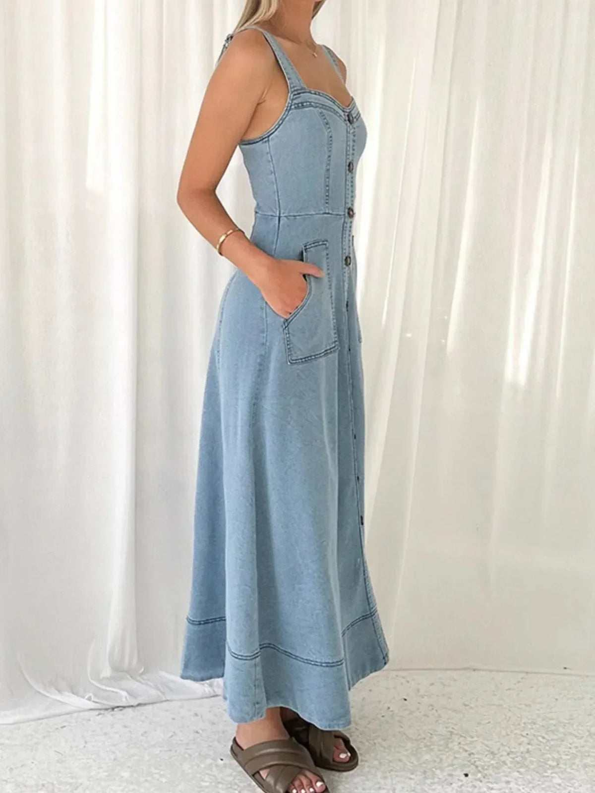 Denim-Look Sweetheart Neck Wide Strap Button Front Pocket Maxi Dress 5