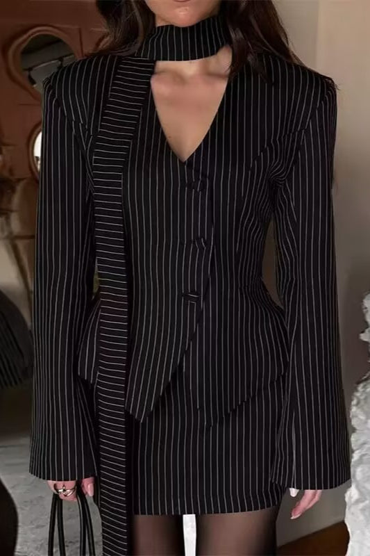 Pinstripe Deep V-Neck Blazer and Mini Skirt Two Piece Set 3