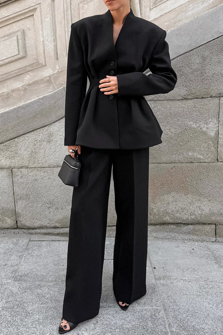 Ruched V Neck Waist Cinched Blazer Pants Two Piece Set
