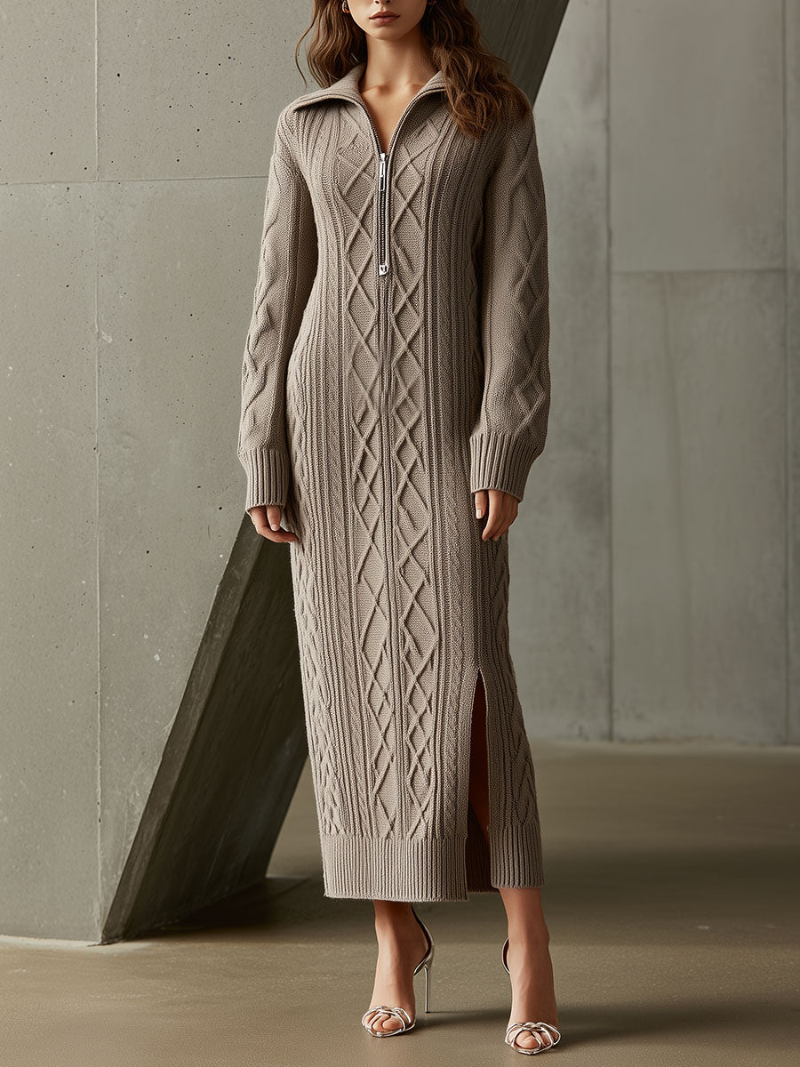 Half-Zip Collar Cable Knit Maxi Dress Sweater Dress With Side Slit