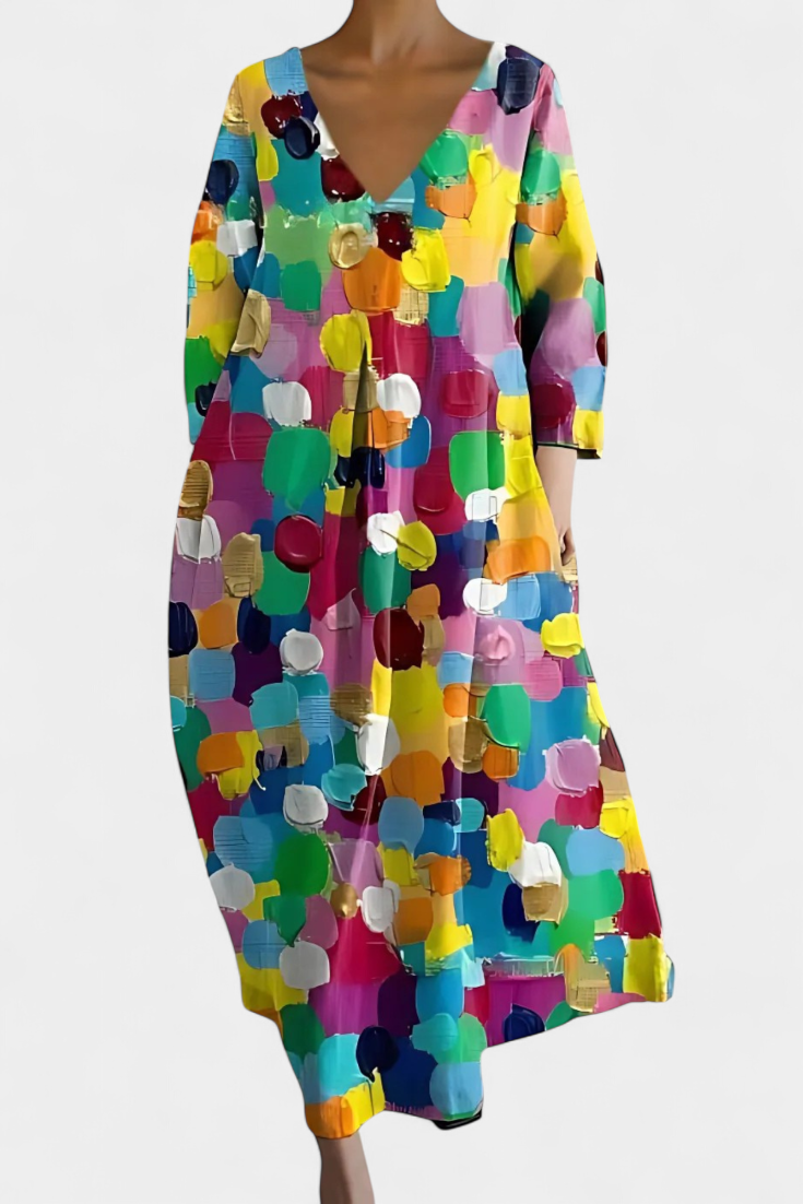 Abstract Print V-Neck Three Quarter Sleeve Oversized Maxi Dress