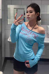 Logo One Shoulder Sheer Long Sleeve Top