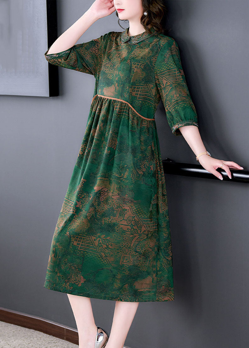 Peter Pan Collar Empire Waist Landscape Print Three Quarter Sleeve Midi Dress