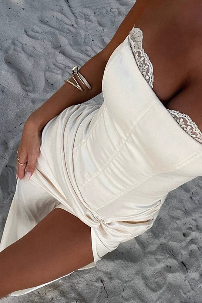 Satin Strapless Ruched High Slit Formal Dress - View 3