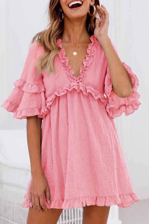 Ruffled Lace-up V-neck Dress
