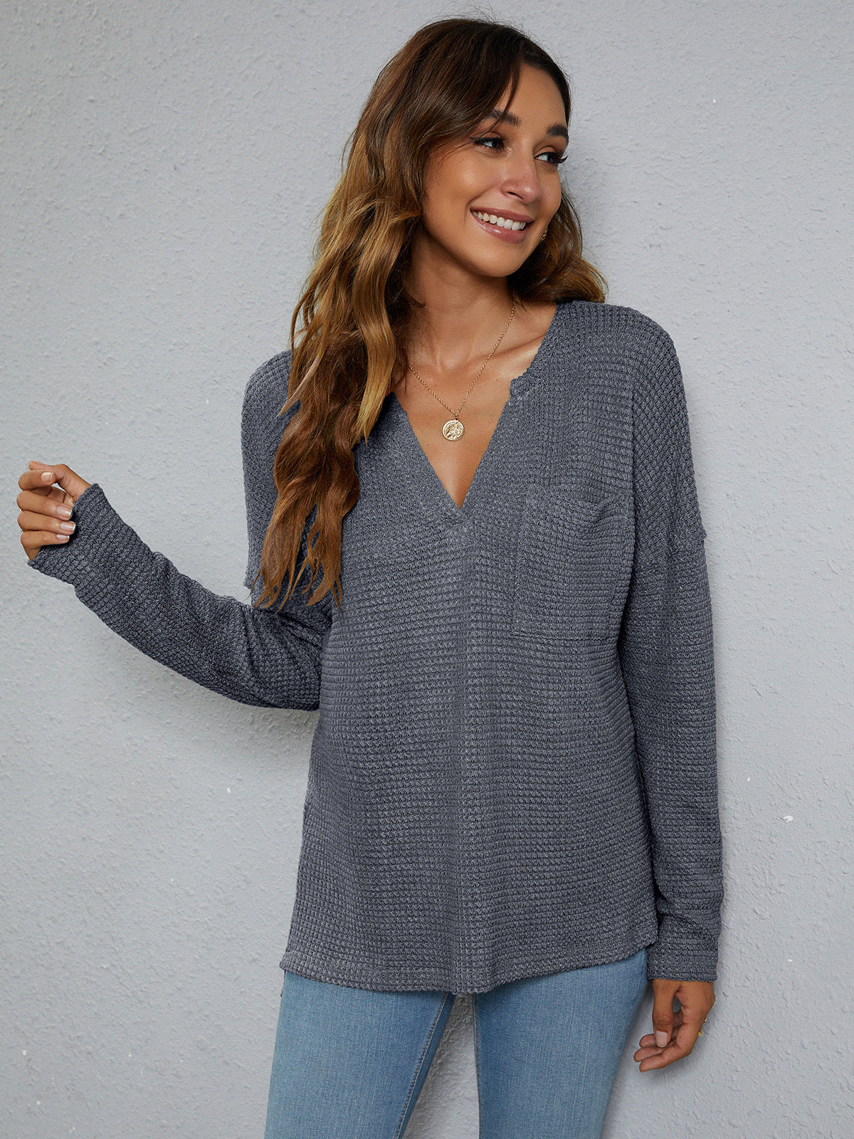 High-Low with Top Dropped Waffle-Knit Shoulder