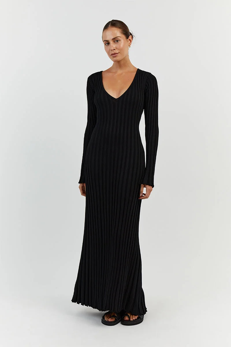 Minimalist Verónica Midi Dress with V Neck and Knitted Sleeves Elevated Occasion Wear