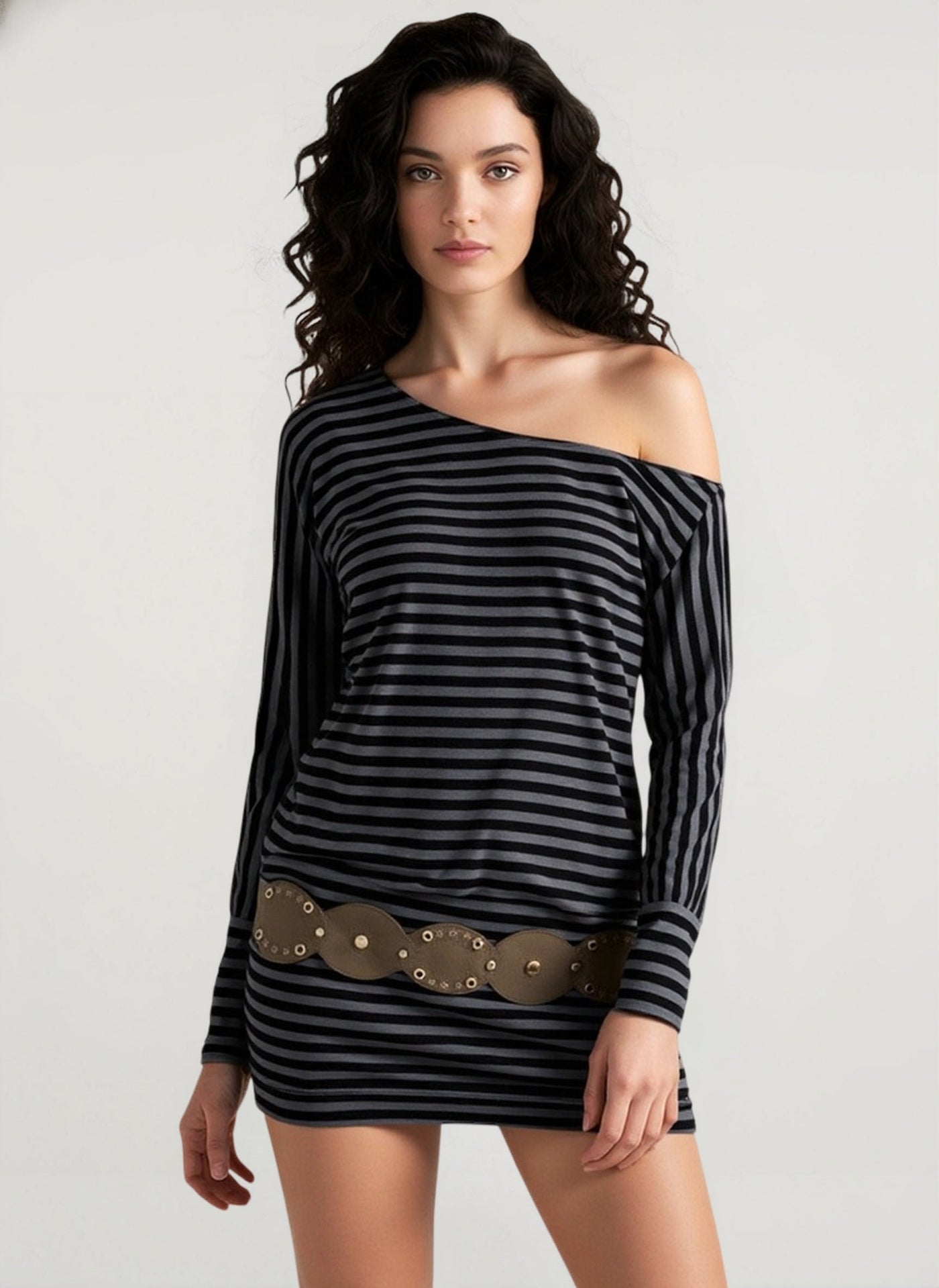Stripe One Shoulder Long Sleeve Waist Cinch Mini Bodycon Dress