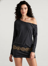 Stripe One Shoulder Long Sleeve Waist Cinch Mini Bodycon Dress
