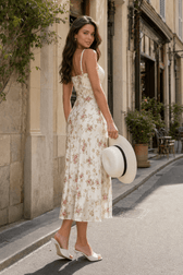 V Neck Lace Satin Spliced Strap Floral Dress