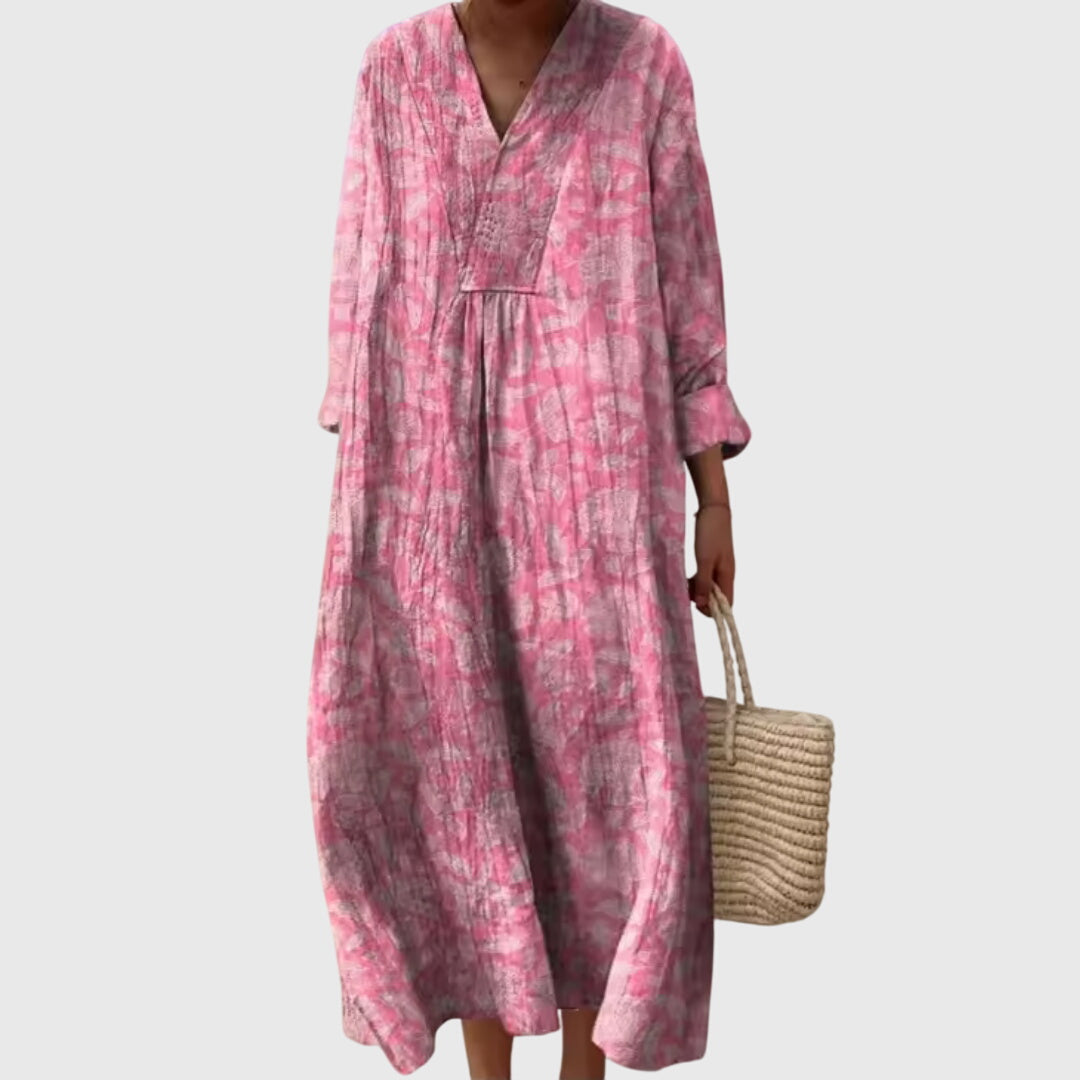 V-Neck Long Sleeve Striped Patchwork Maxi Dress