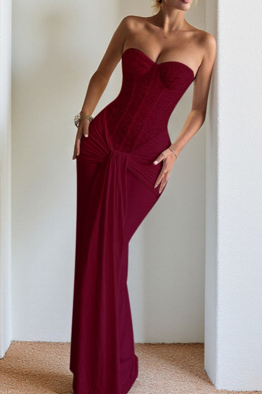 Sequin Strapless Corset Ruched High Split Mermaid Maxi Dress