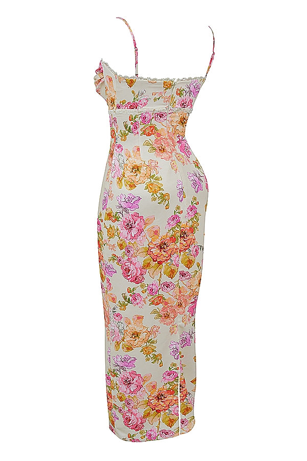 Floral Satin Sweetheart Ruched Bust Spaghetti Strap Maxi Dress 13
