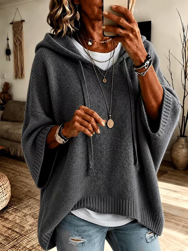 Hooded Drawstring Oversized Knit Poncho Sweater