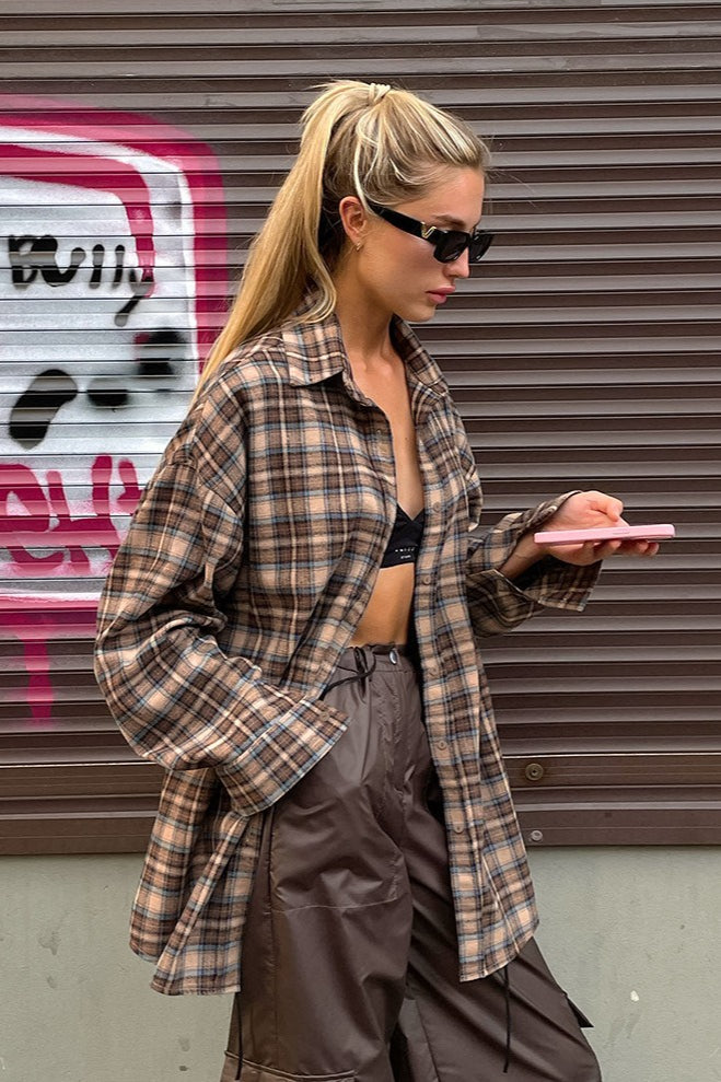 Plaid Oversized Collared Button Front Long Sleeve Shirt