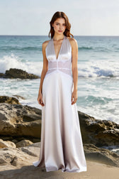 Deep V Halter Satin Slip Prom Dress
