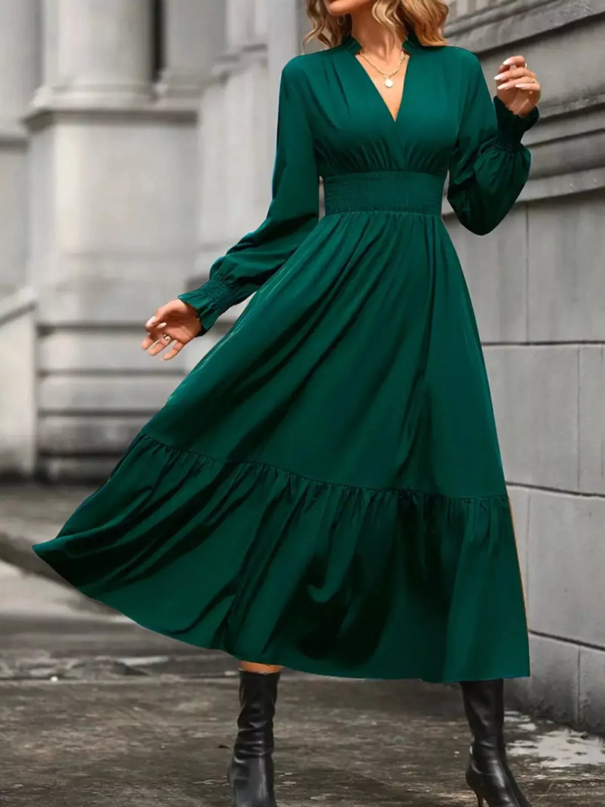 Surplice V-Neck Smocked Waist Balloon Sleeve Tiered Midi Dress 8