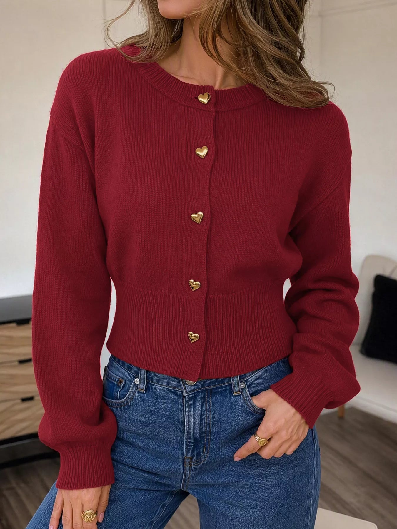Heart-Button Knit Cardigan