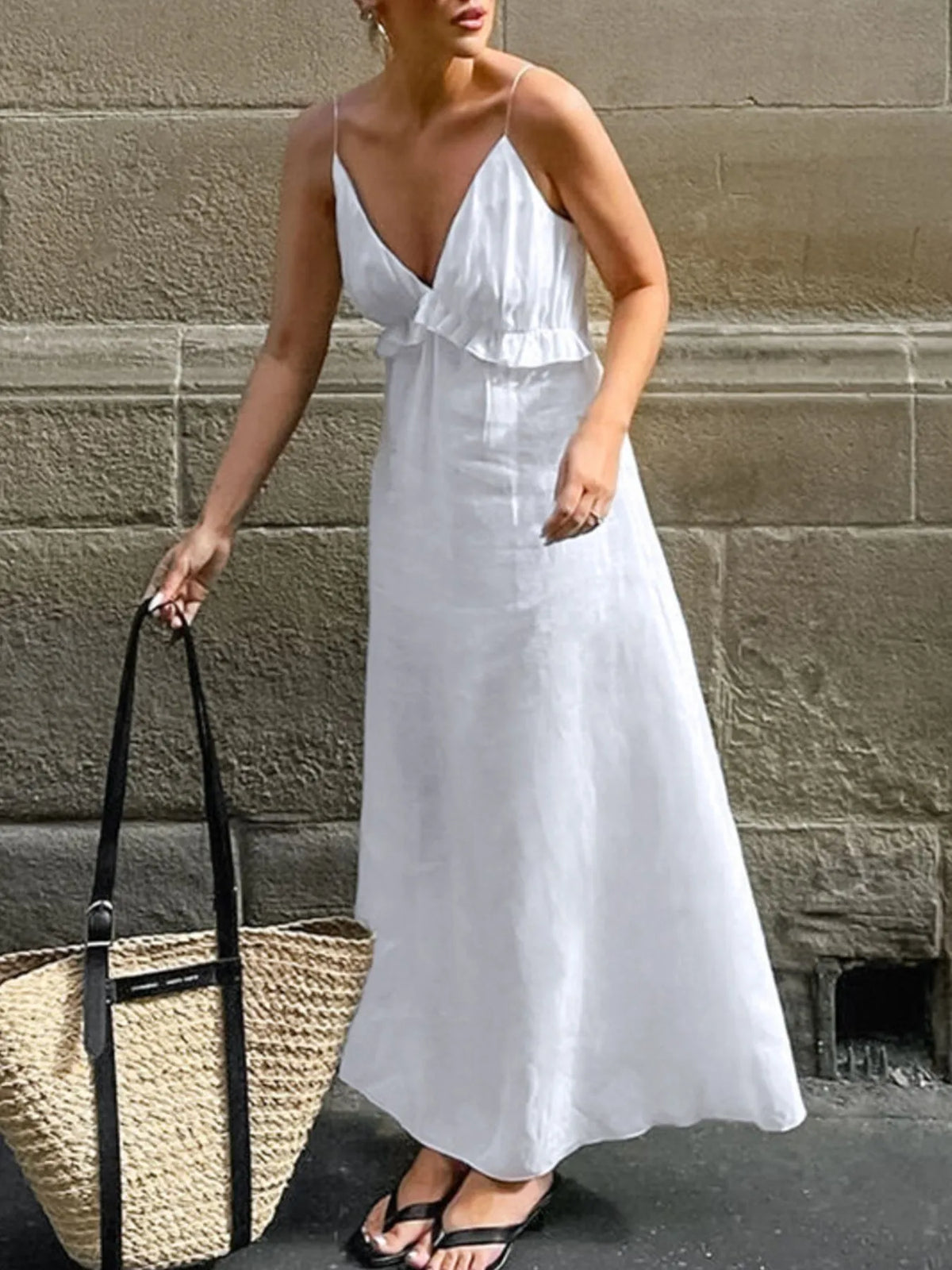 Deep V-Neck Spaghetti Strap Ruffle Trim A-Line Maxi Dress