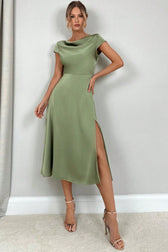 Silk-Like Satin Slit Maxi Silk Dress in Green - View 2