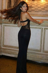 Black Halter Lace Panel Waist Tie Bodycon Maxi Lace Dress
