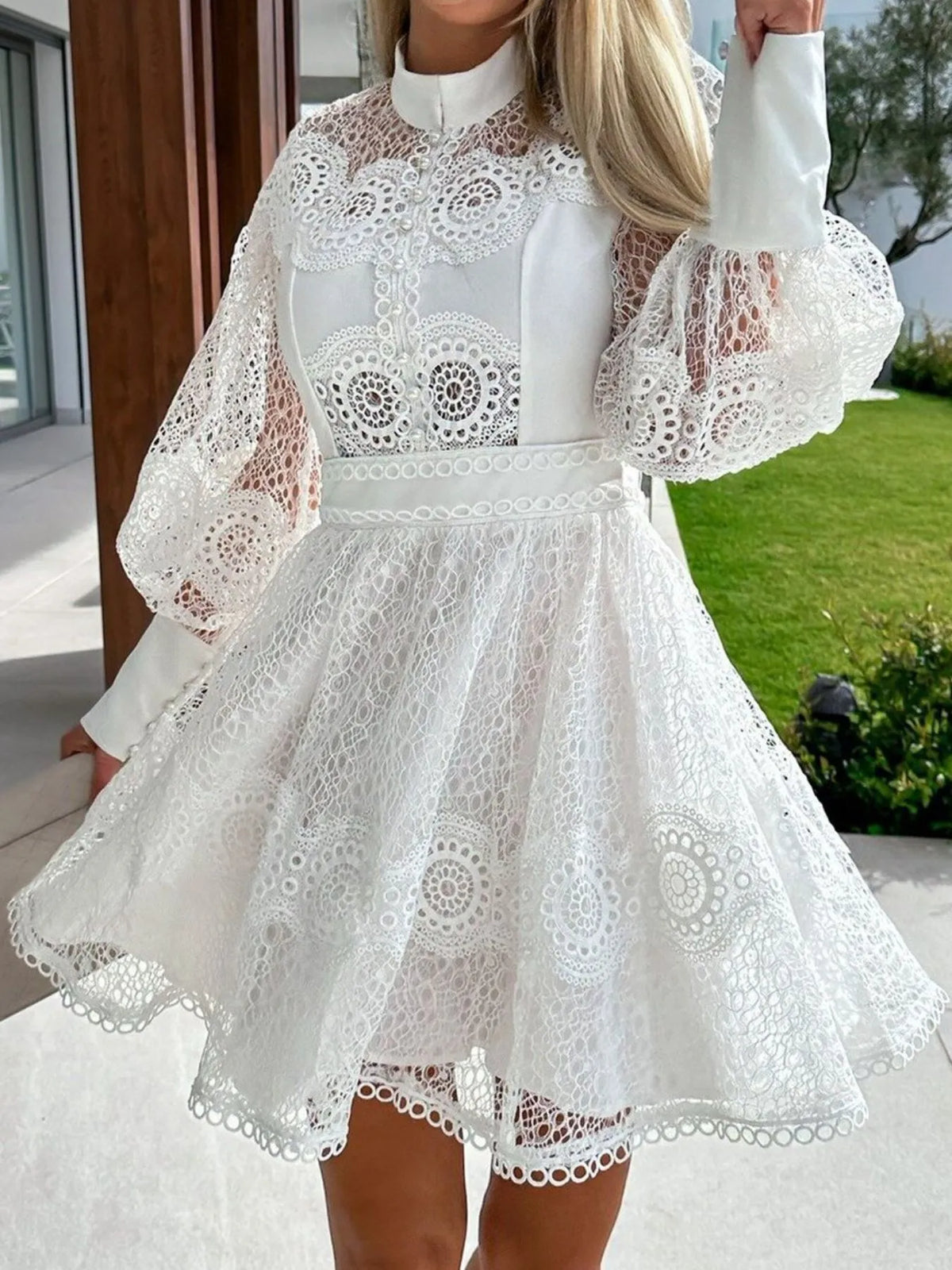Lace Lantern Sleeve Mini Dress