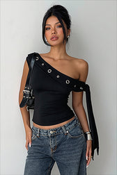 One-Shoulder Eyelet Sash Detail Crop Top