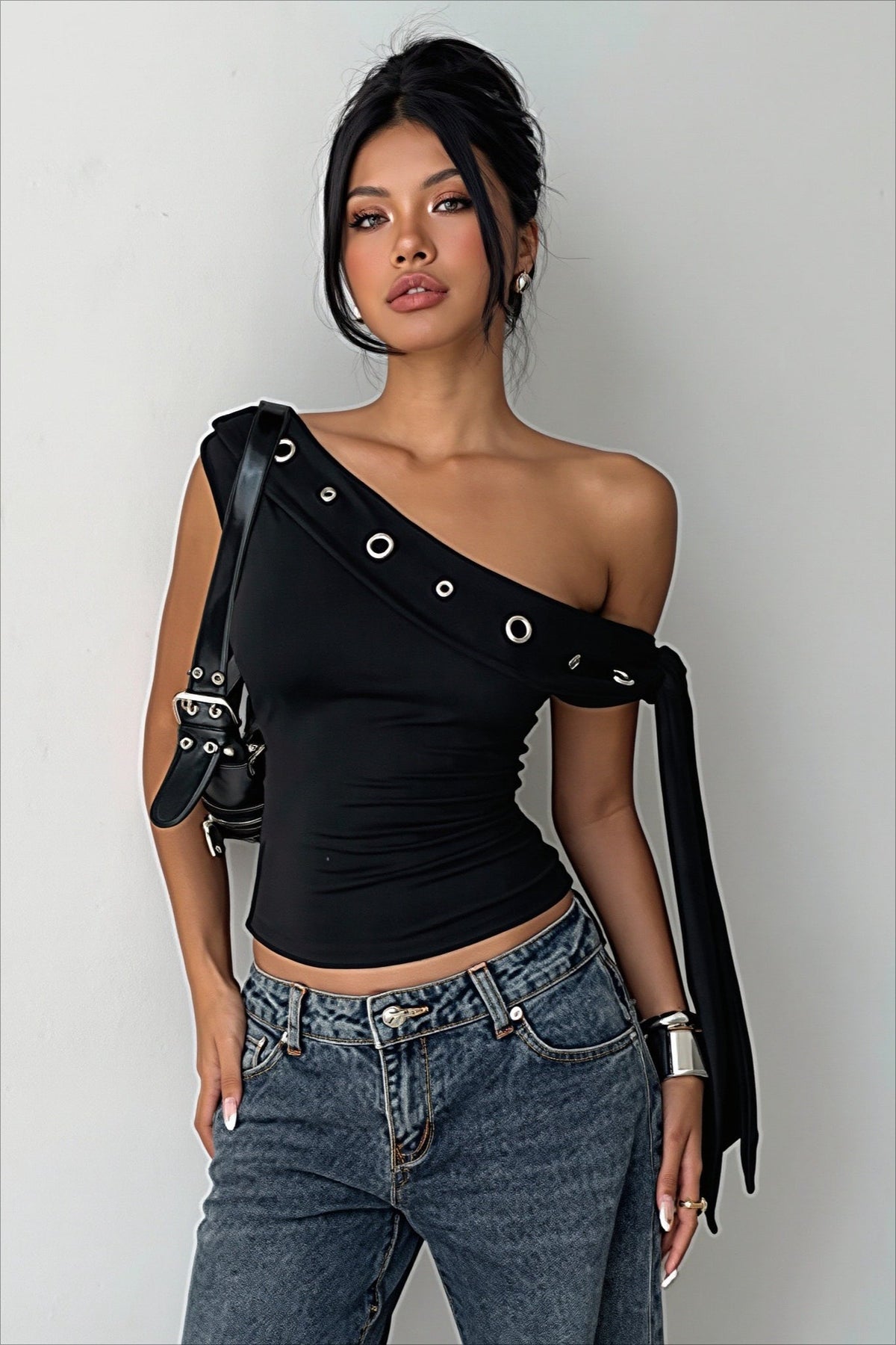 One Shoulder Eyelet Strap Side Tie Sash Fitted Crop Top 4