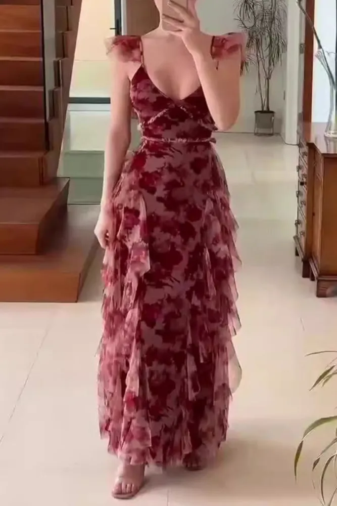 Unique Tulle Chiffon Rose Floral Print Ruffles Party Evening Dress A Line Prom Dress cc1432