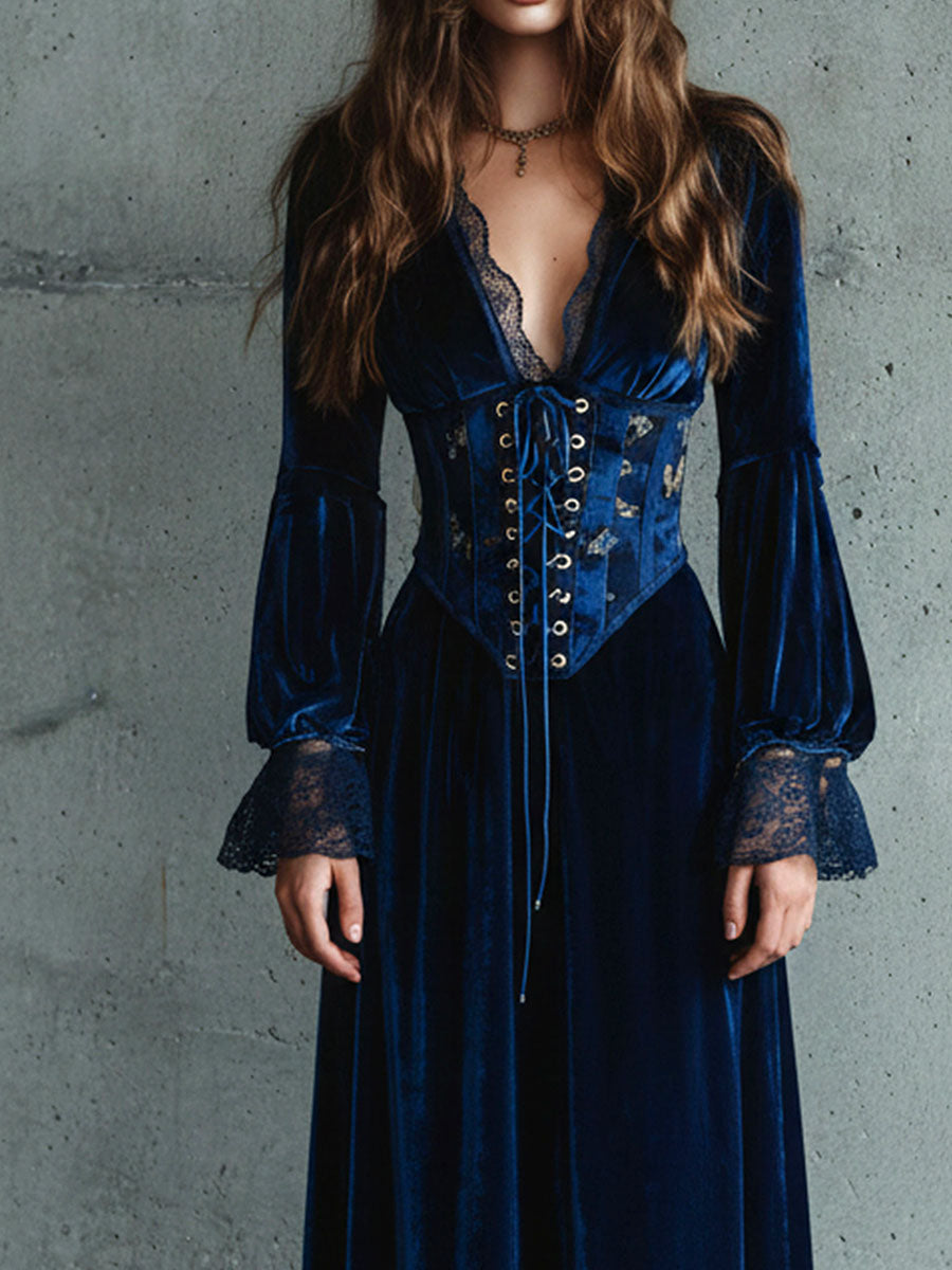 Deep Blue Velvet Corset Lace-Up Bodice Gown
