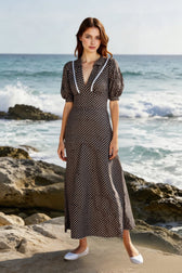 Polka Dot V-Neck Puff Sleeve Bodycon Maxi Dress